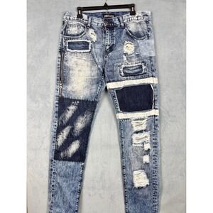Embellish NYC Distressed Patchwork Jeans Mens 34 Light Acid Wash Streetwear Zip